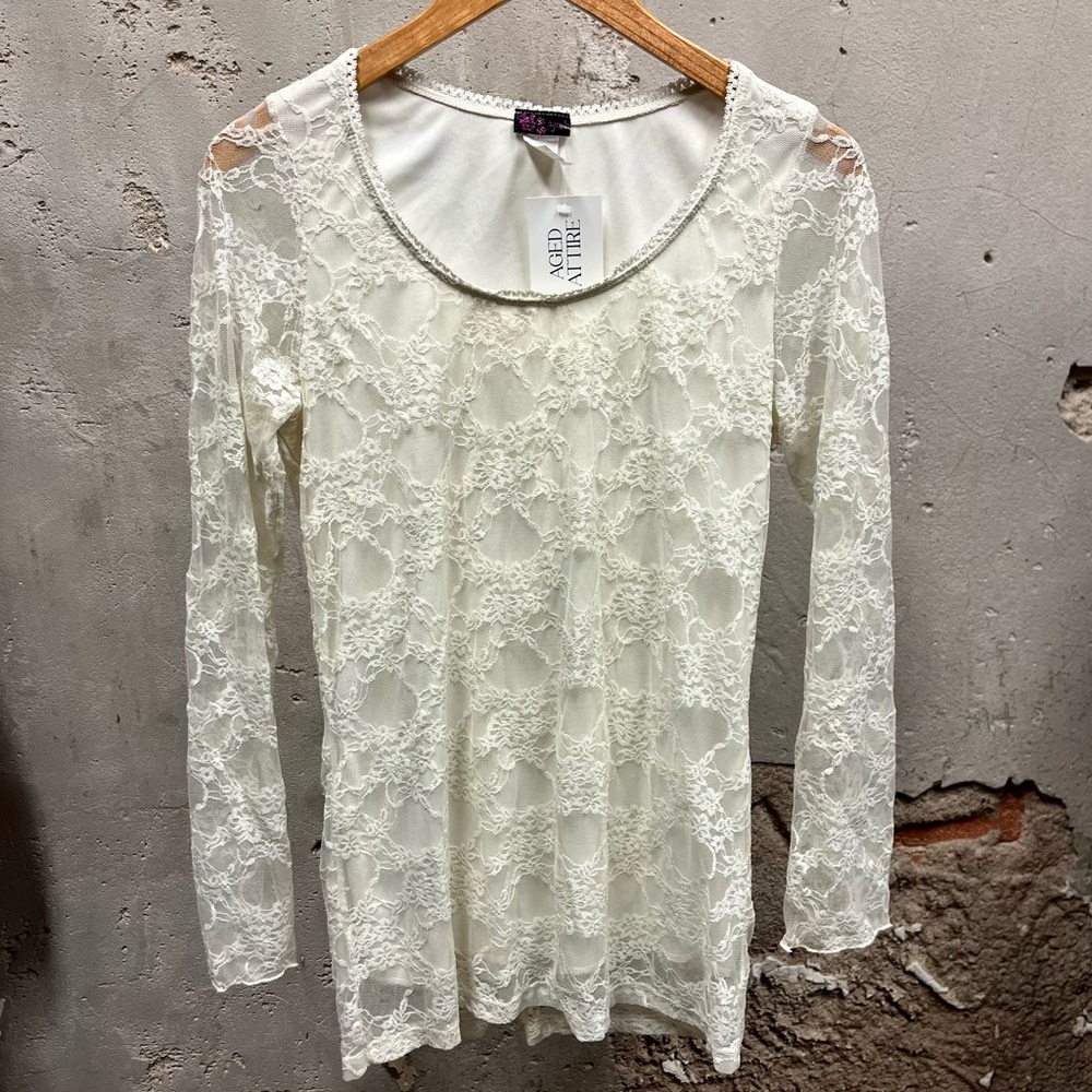 Vintage Y2K Agenda White Sheer Lace Longline White Blouse Top Large Bride Fairy